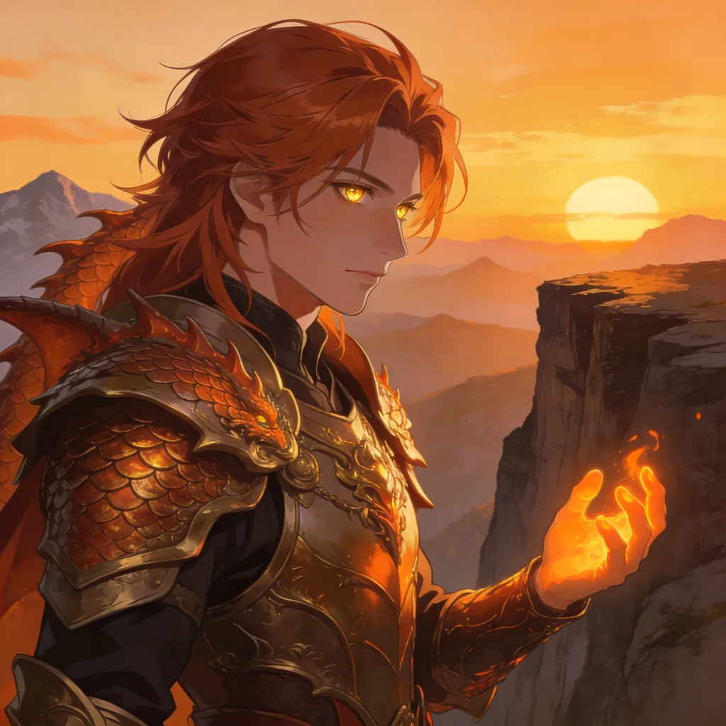 Fantasy anime character with copper-red hair, dragon-scale armor, flame fingertips, sunset cliff
