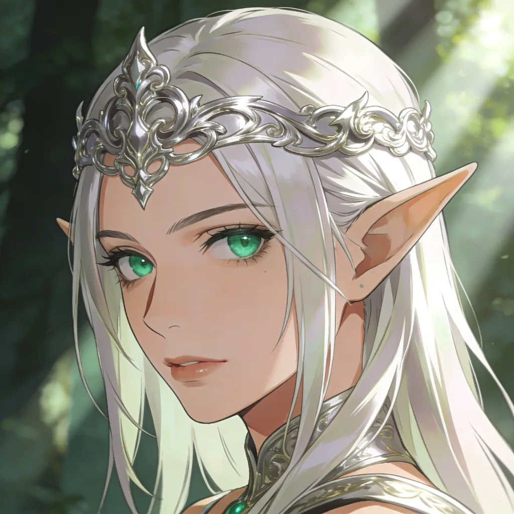 Fantasy anime character with elf ears, platinum hair and a silver circlet in a sunlit forest