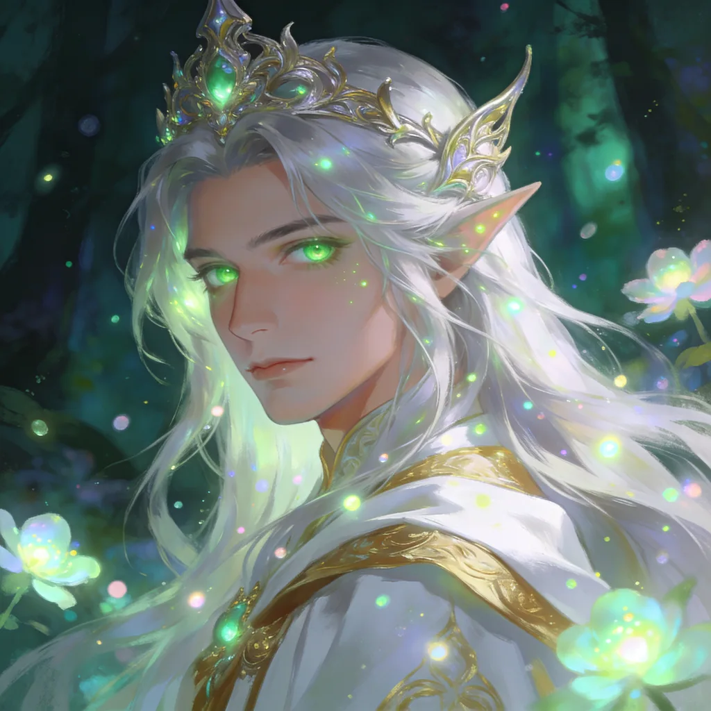 Fantasy anime elf character with platinum hair, emerald eyes, elven crown, enchanted forest
