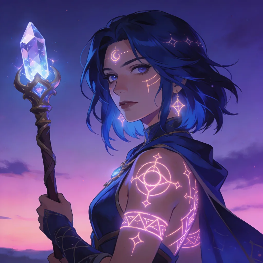 Fantasy anime mage with deep-blue hair, glowing runes and a crystal staff at twilight