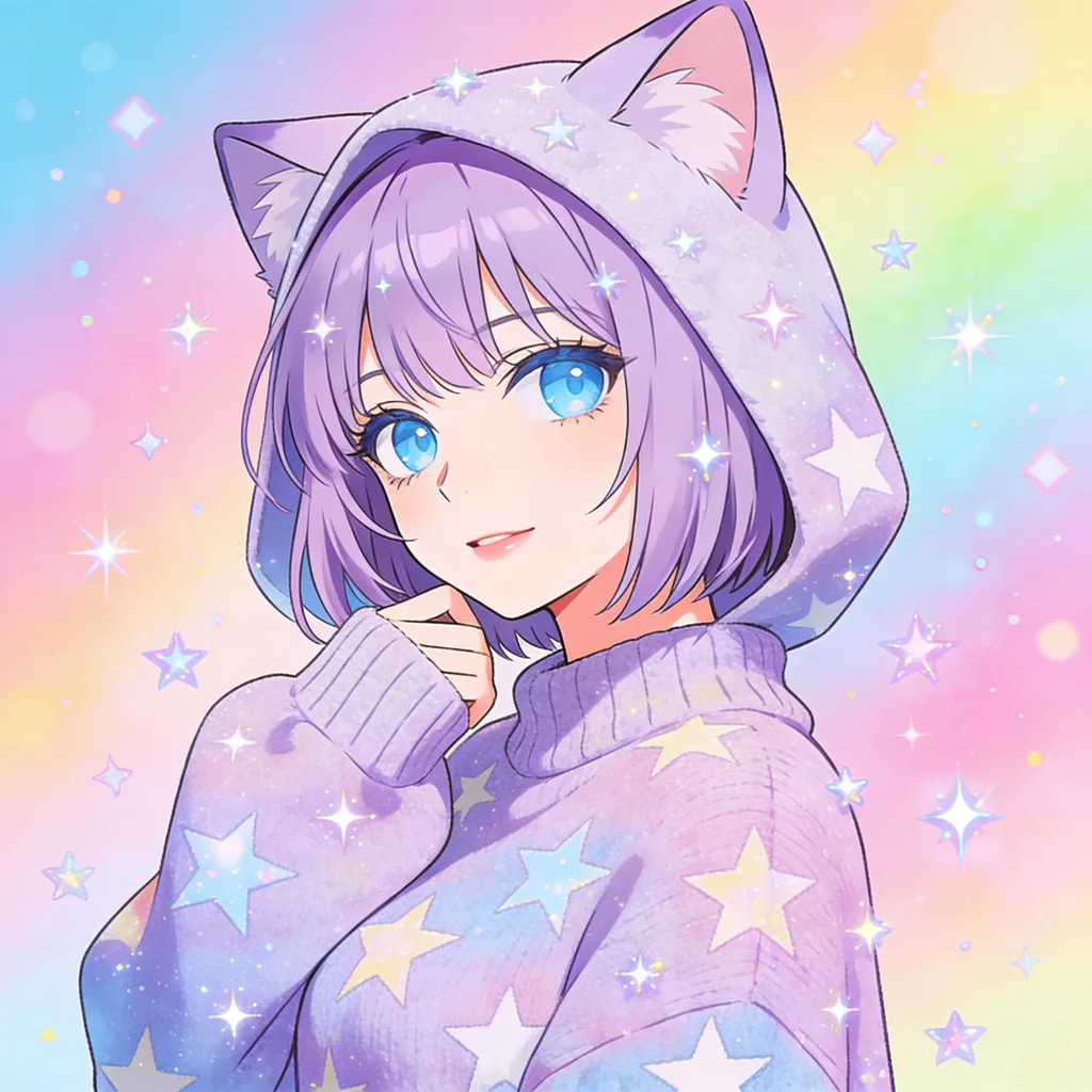 Kawaii anime character with lilac hair and cat-ear hood in a star-print sweater, candy gradient