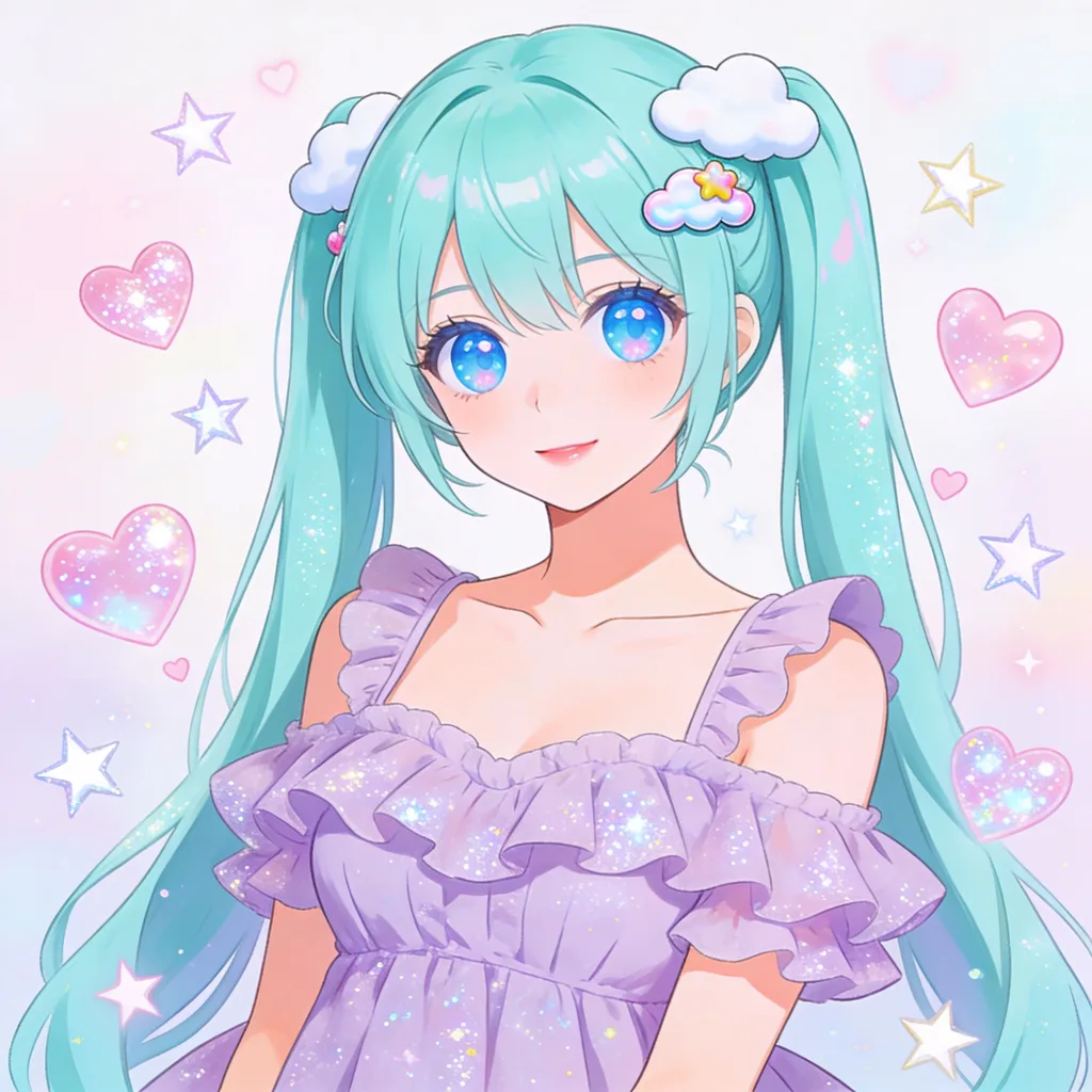 Kawaii anime character with mint hair, cloud clips and candy-blue eyes among hearts and stars