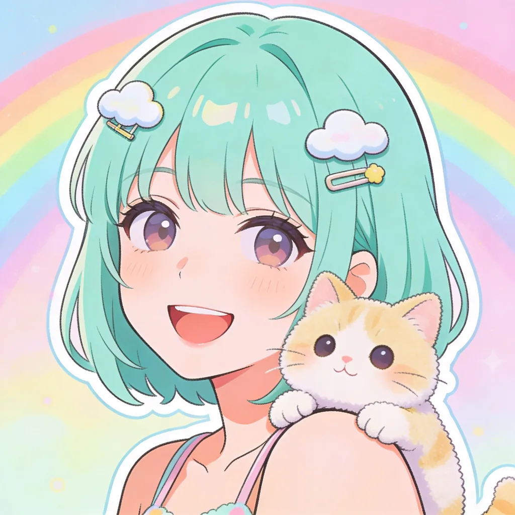Kawaii anime character, mint hair, cloud clips, plushie cat, pastel rainbow background