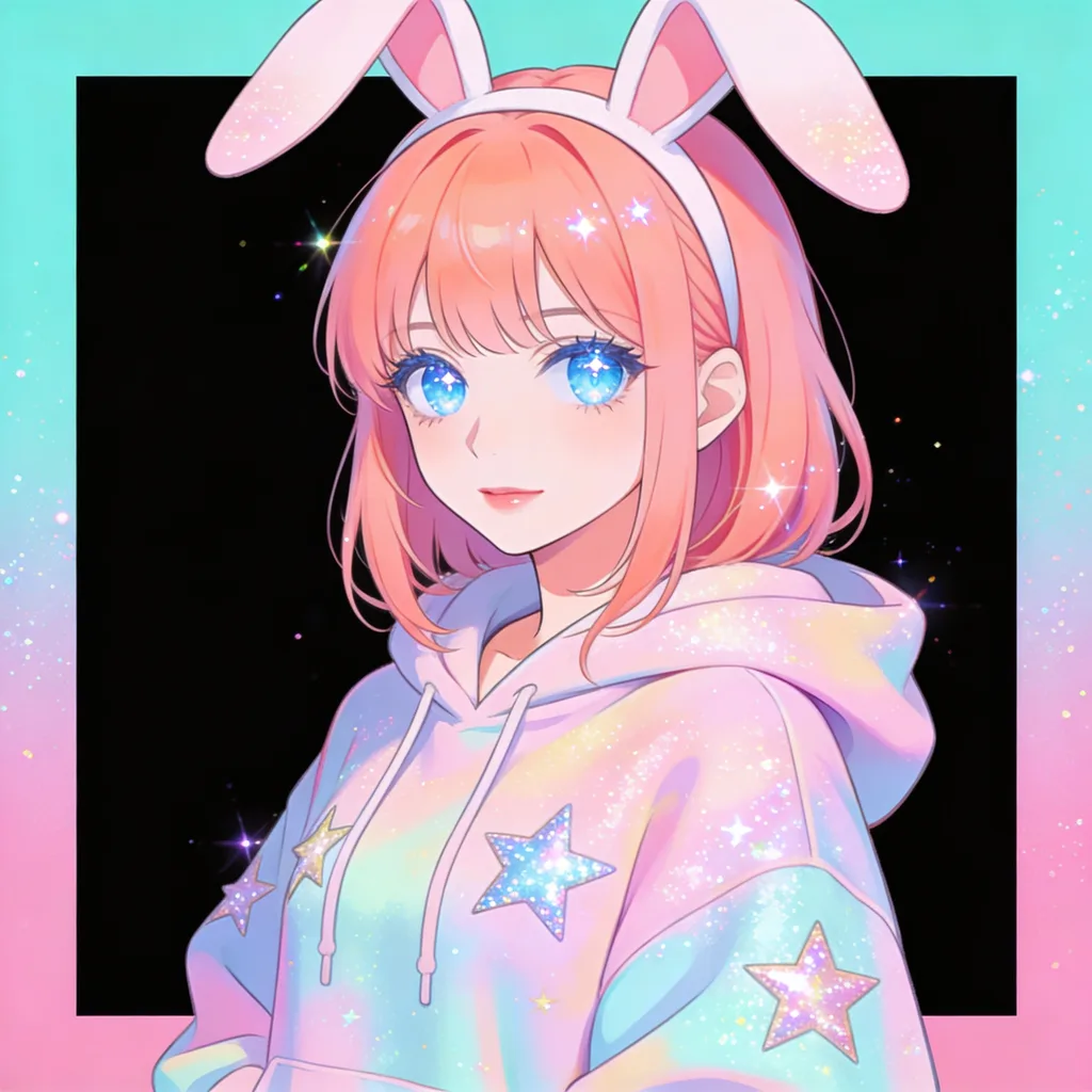 Kawaii anime character with peach hair, bunny-ear hairband, star hoodie, mint-pink background