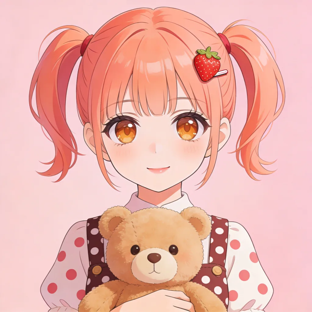 Kawaii anime character with peach pigtails and strawberry pin in a polka-dot pinafore with a teddy