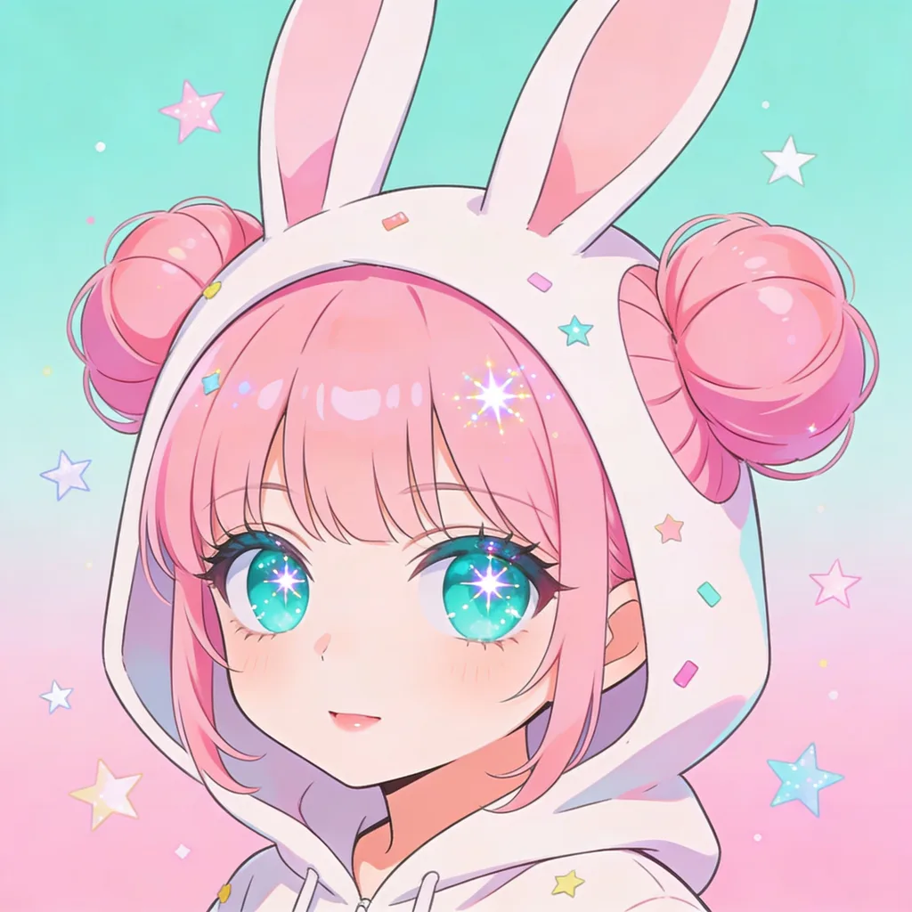 Kawaii anime character with pink twin buns and teal eyes in a bunny hoodie with star confetti