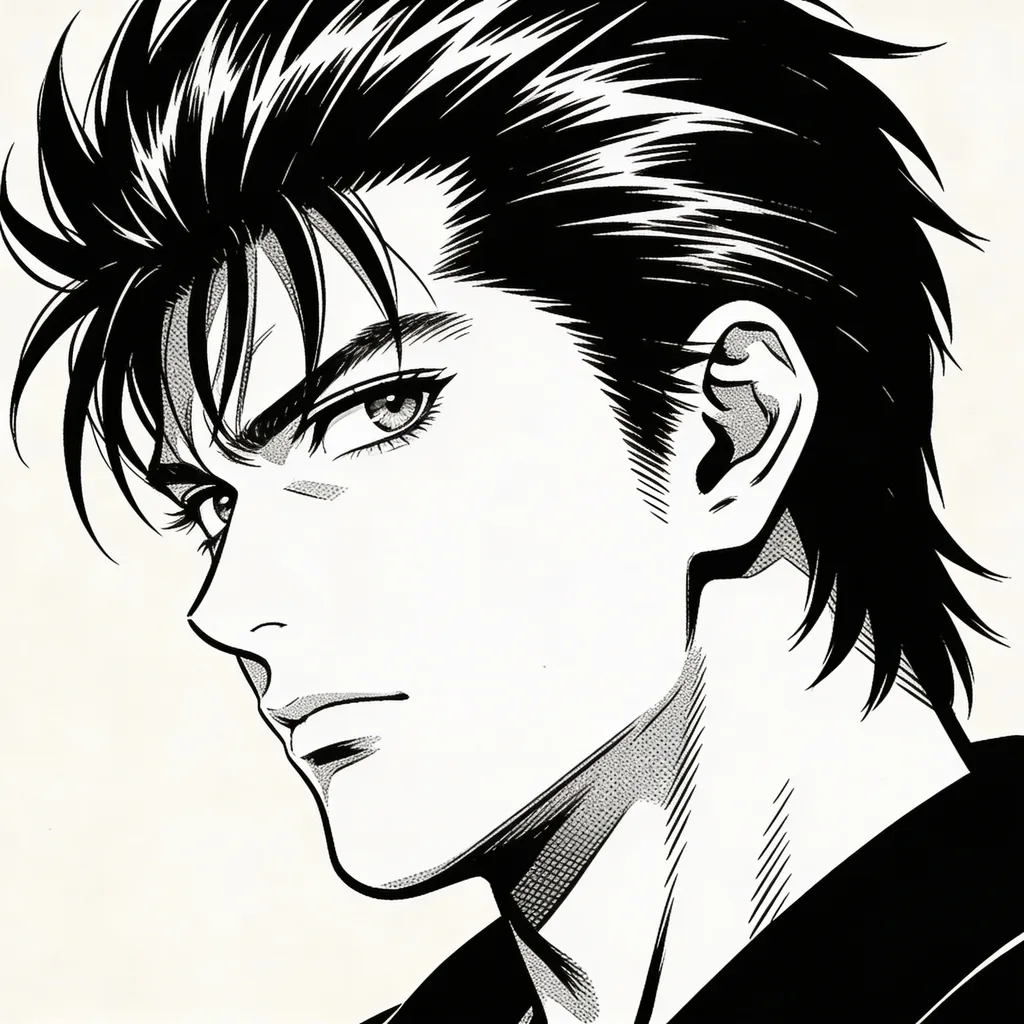 Black-and-white manga icon bust with screentone shading and sharp eyes, shonen style