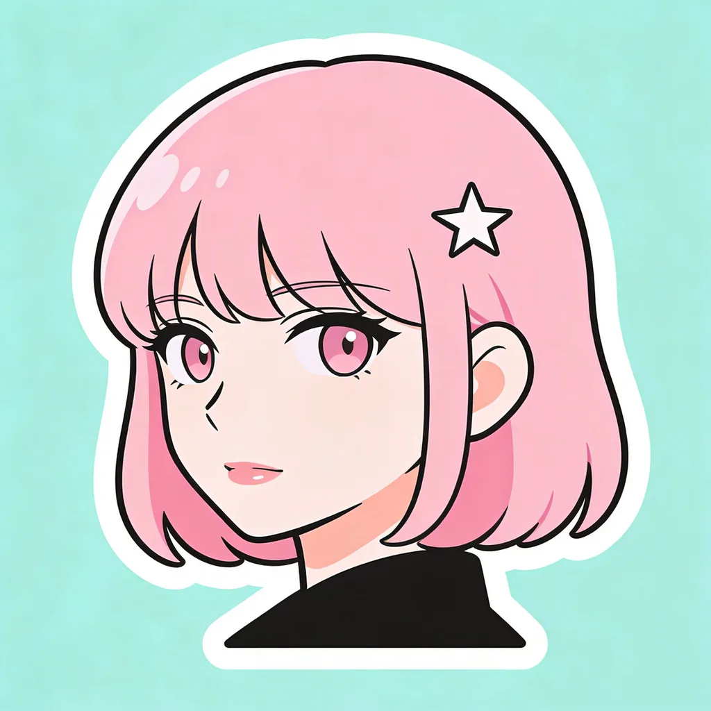 Flat pastel anime icon with pink hair and a star accent on a mint background