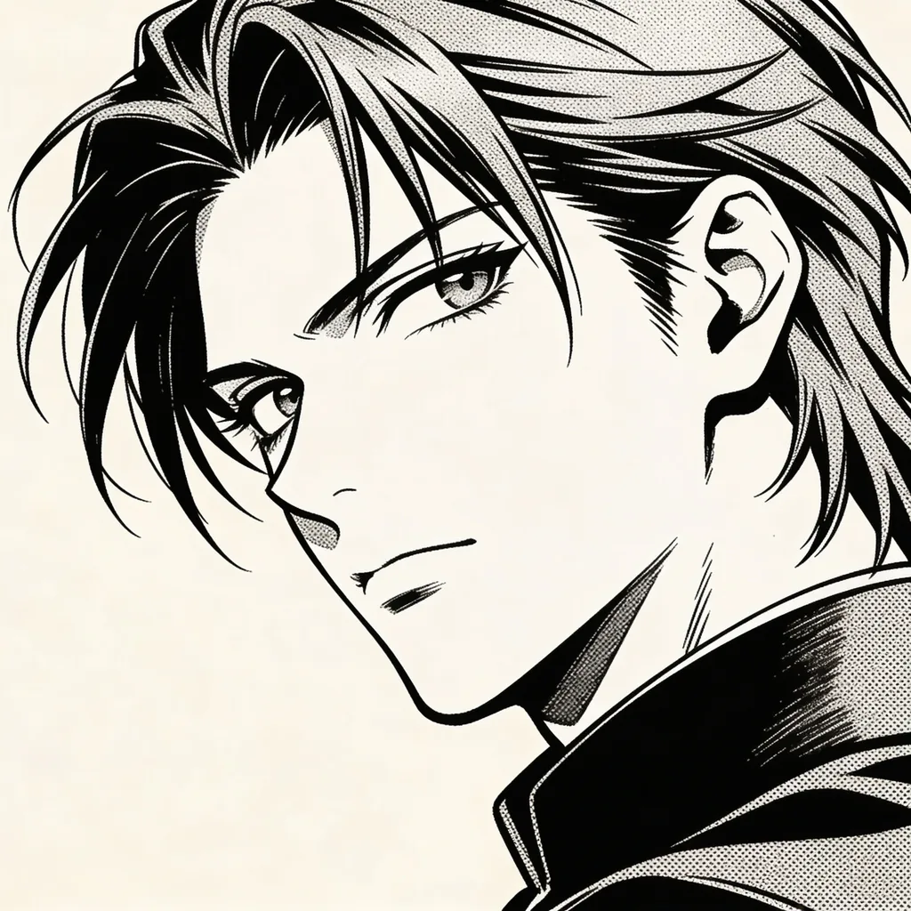 Manga-style anime icon, black-and-white screentone, bold ink linework, shonen style