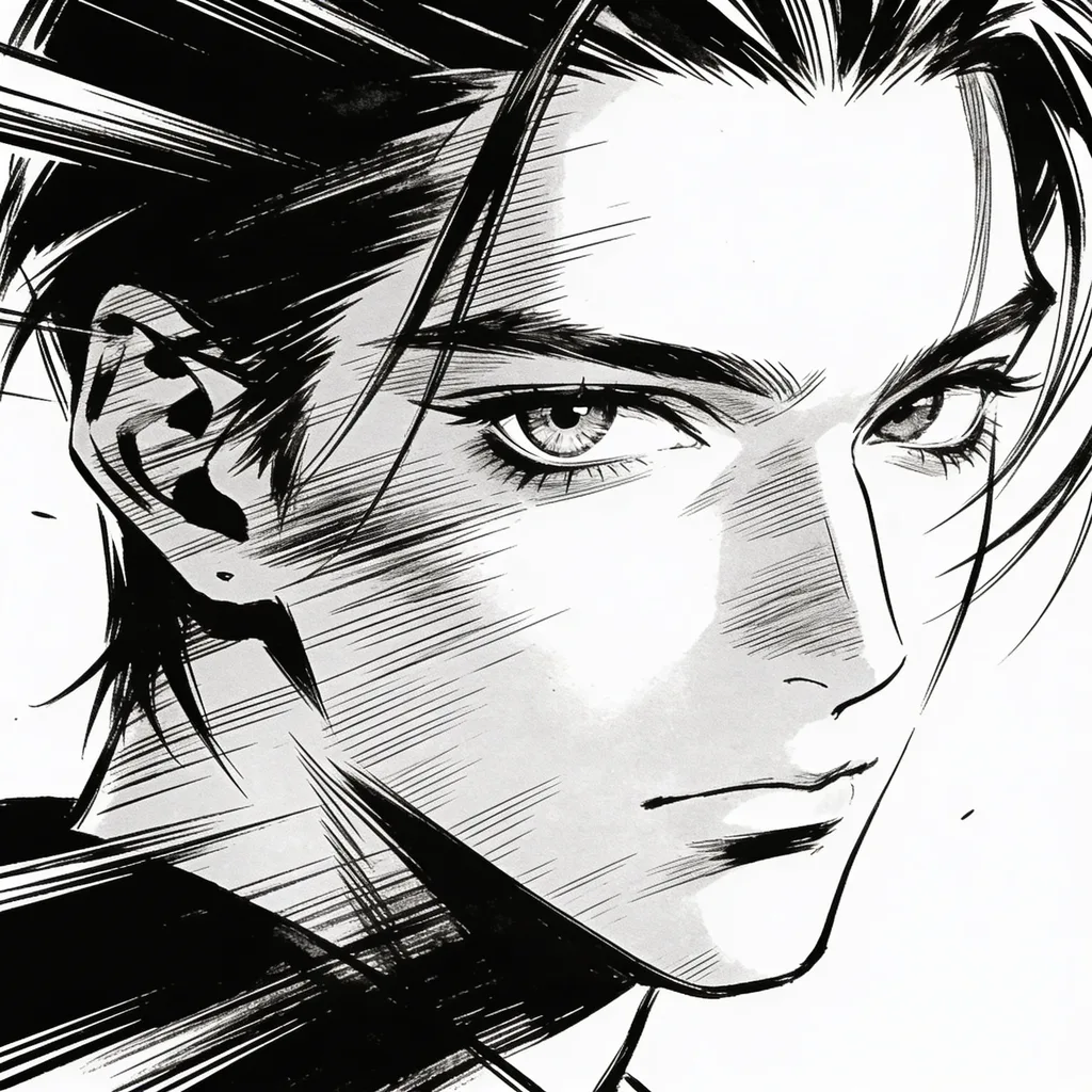 Monochrome ink manga icon with heavy blacks and speed-line accents on white