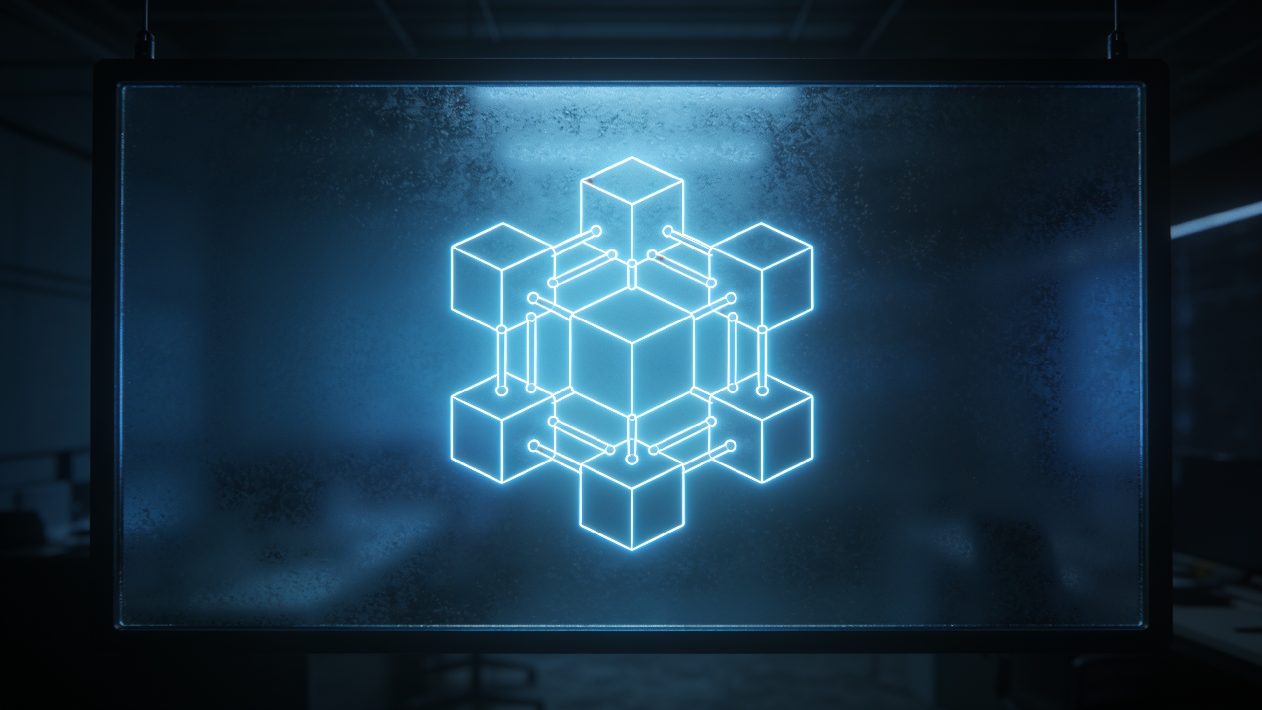 Glowing abstract outline structure on a frosted glass panel