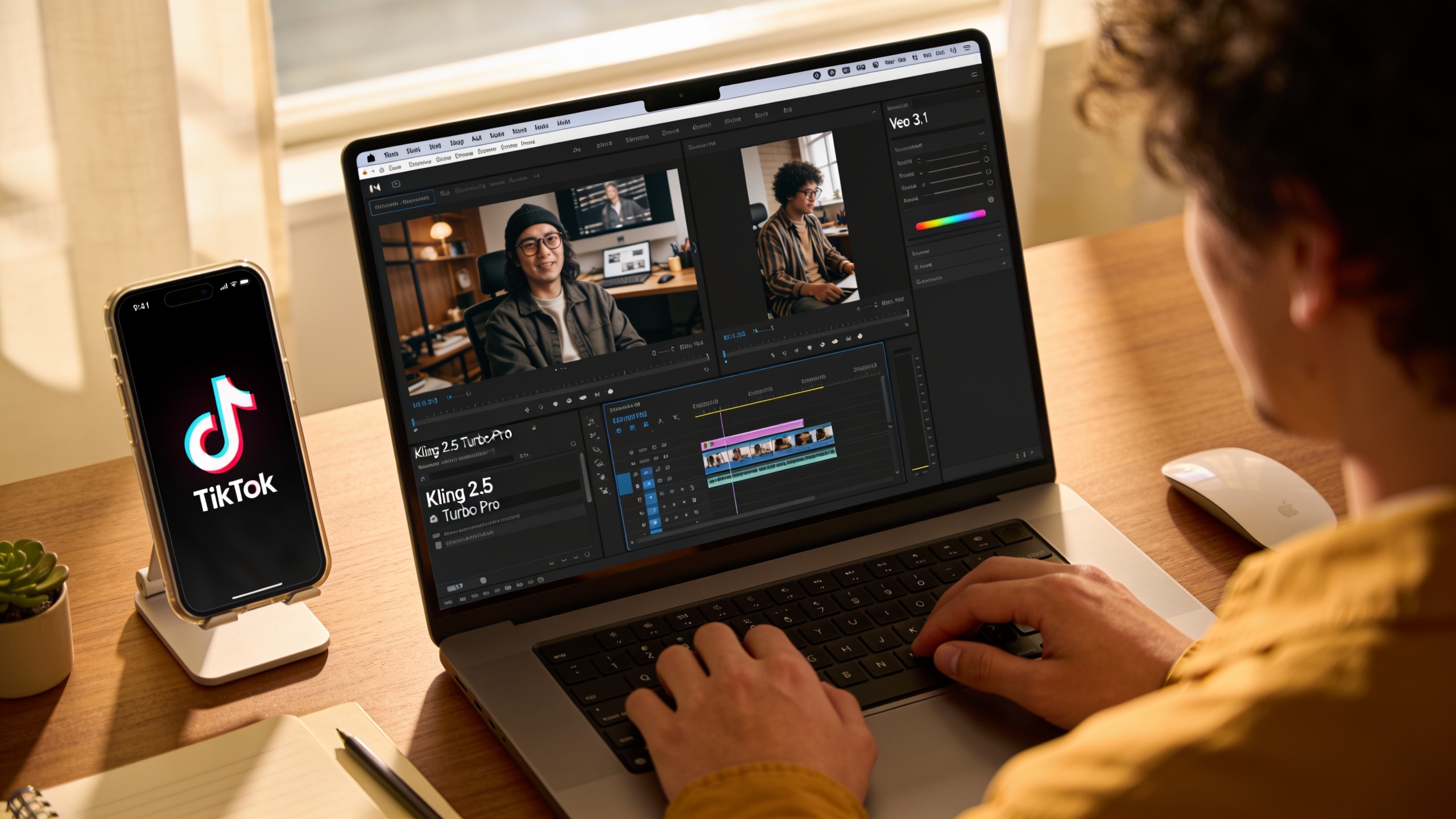 Creator working on a laptop with Kling and Veo model windows and a phone showing a TikTok hook