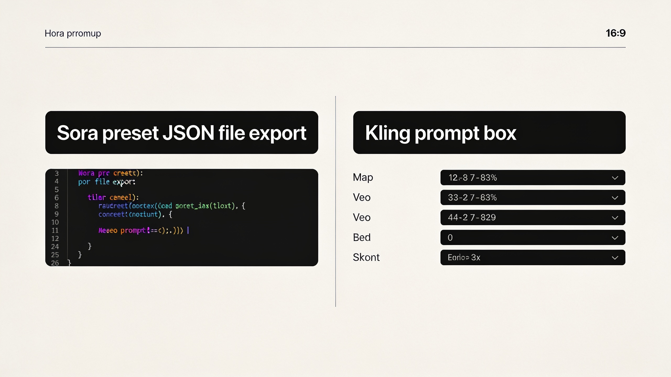 Split-screen showing Sora preset JSON on the left and mapped Kling/Veo prompts on the right