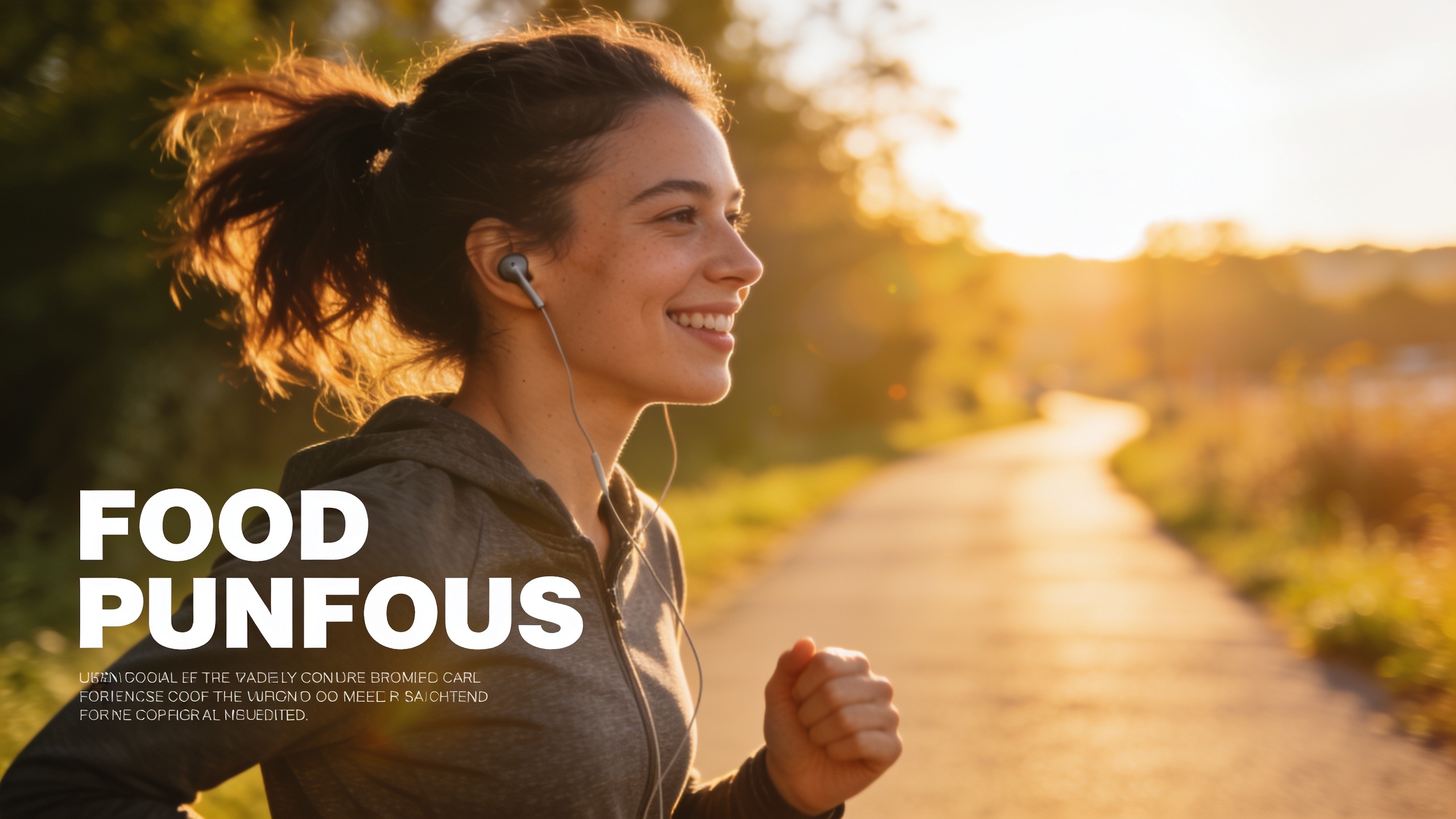 Runner wearing earbuds with golden-hour rim light and clear left space for overlay