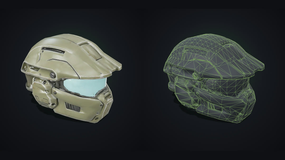 Low-poly AI-generated sci-fi helmet, textured and as a 4,699-triangle wireframe, ready to import into a game engine