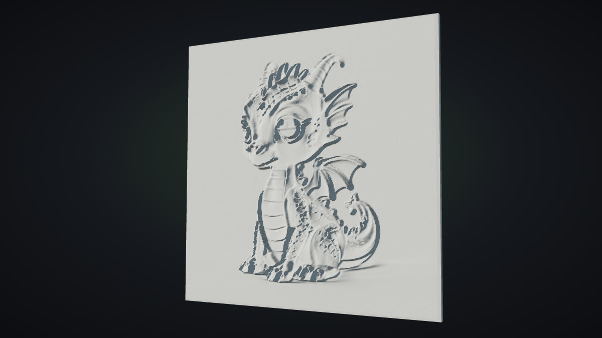 A lithophane-style relief plaque made from a dragon picture: brightness turned into height on a flat panel