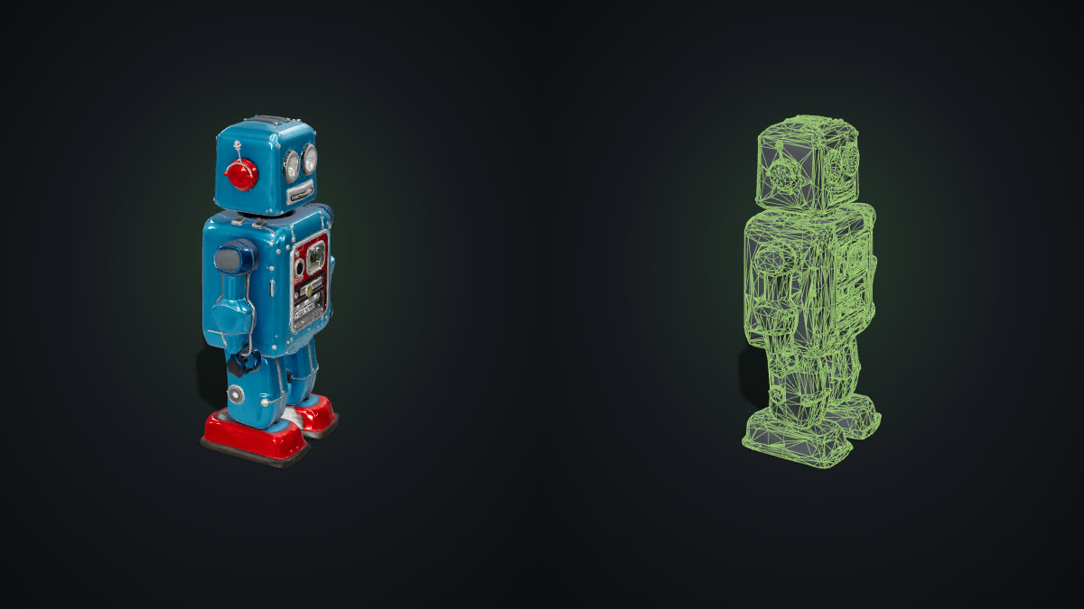 AI-generated tin robot toy made from a text prompt, shown textured and as a wireframe
