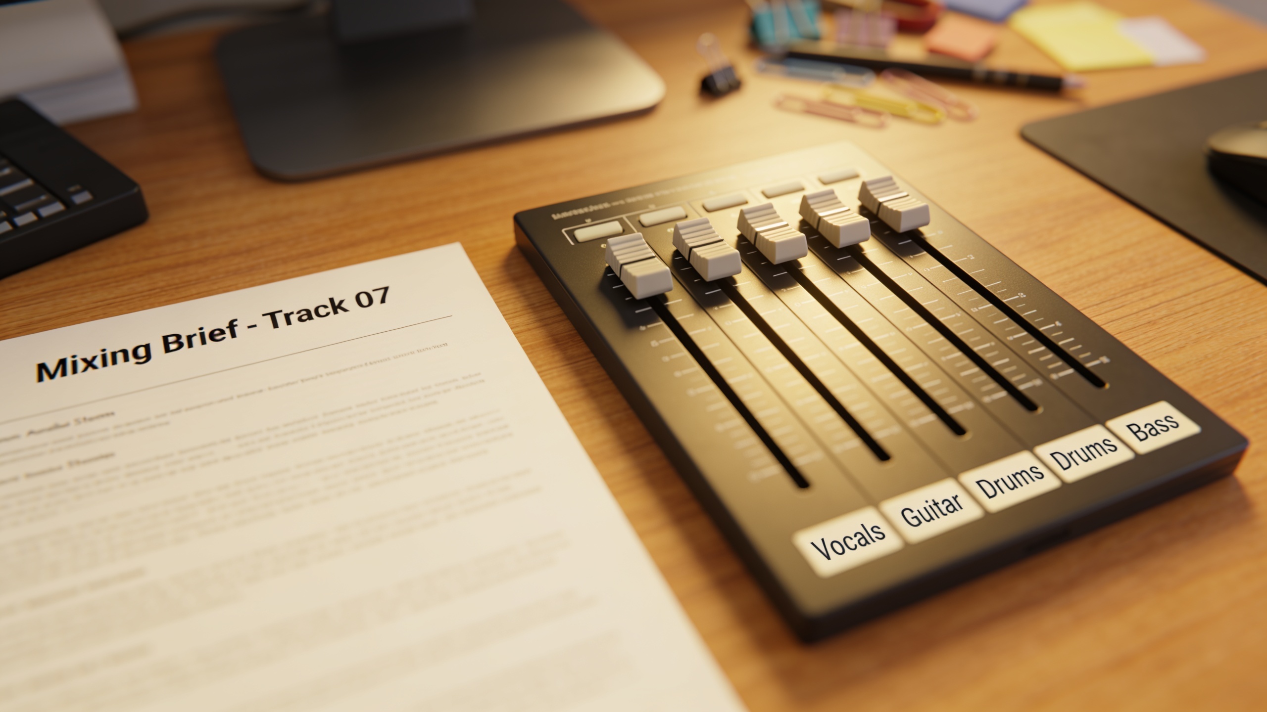 Labelled audio stems and prompt brief on a desk