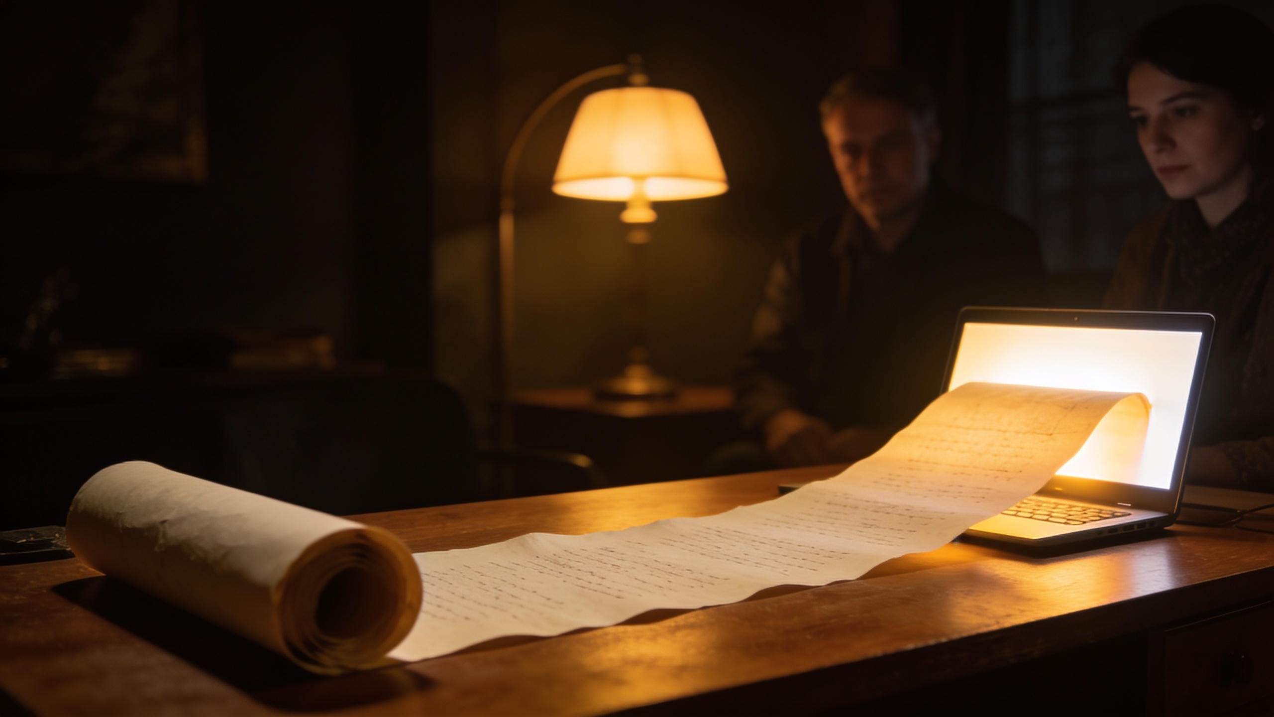A long paper scroll unrolling into a glowing laptop