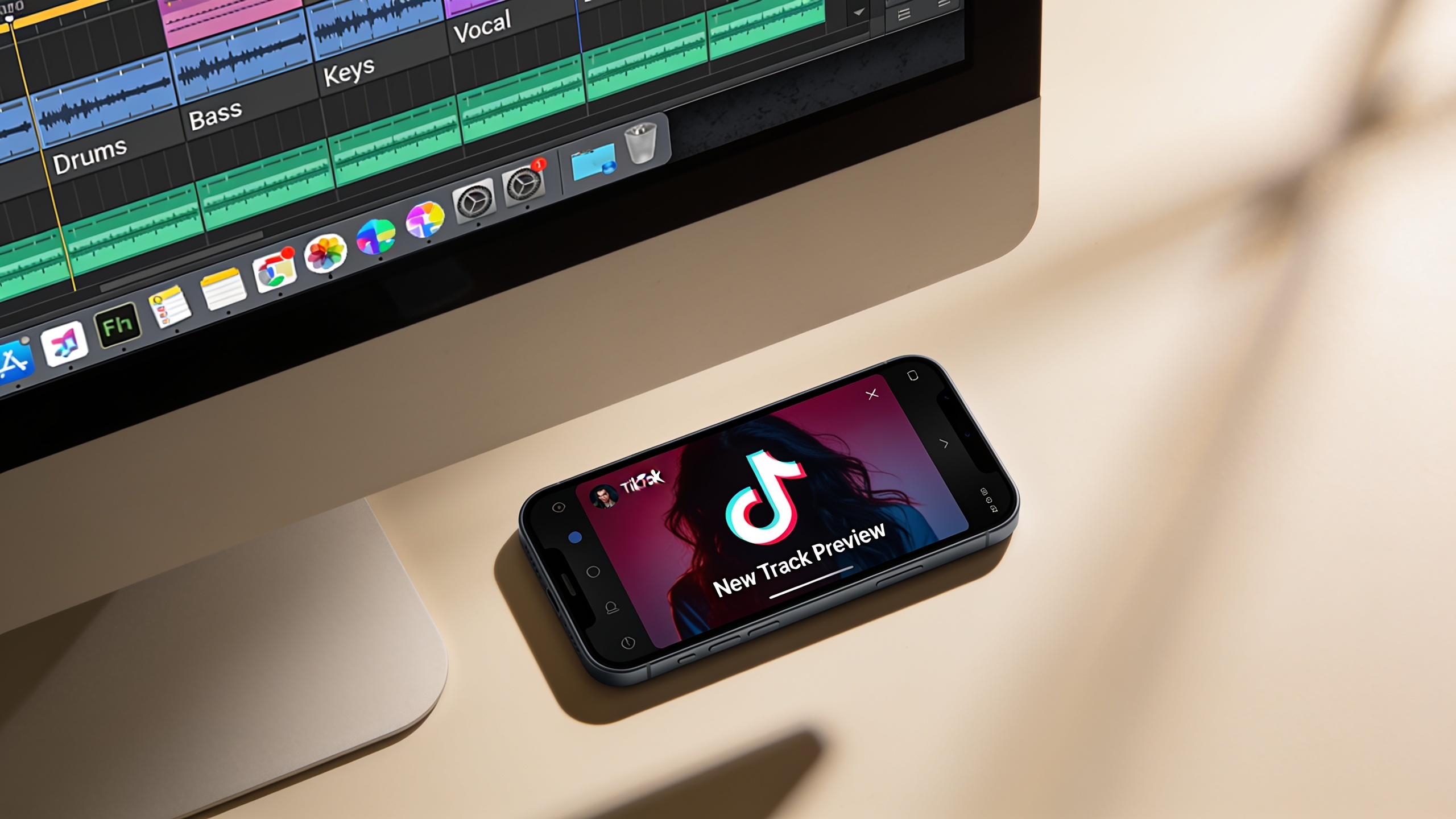 DAW showing separate audio stems next to a phone playing a preview