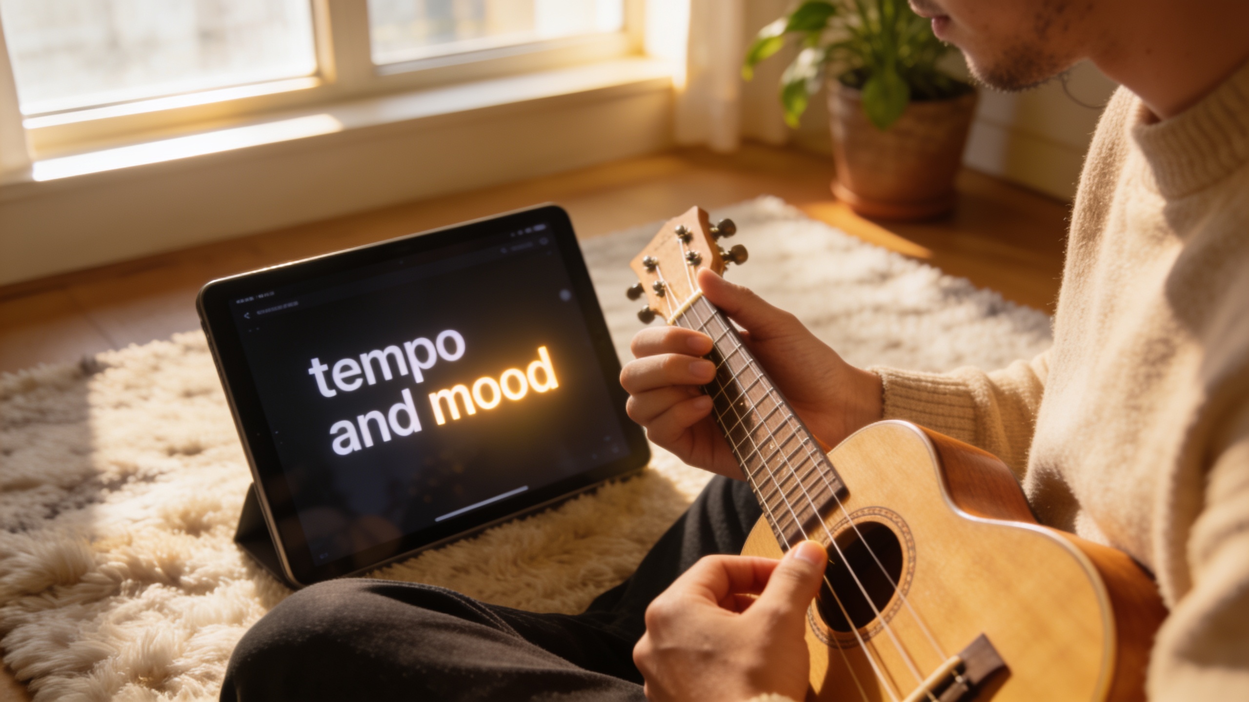 Musician testing a ukulele jingle while reading prompt on tablet