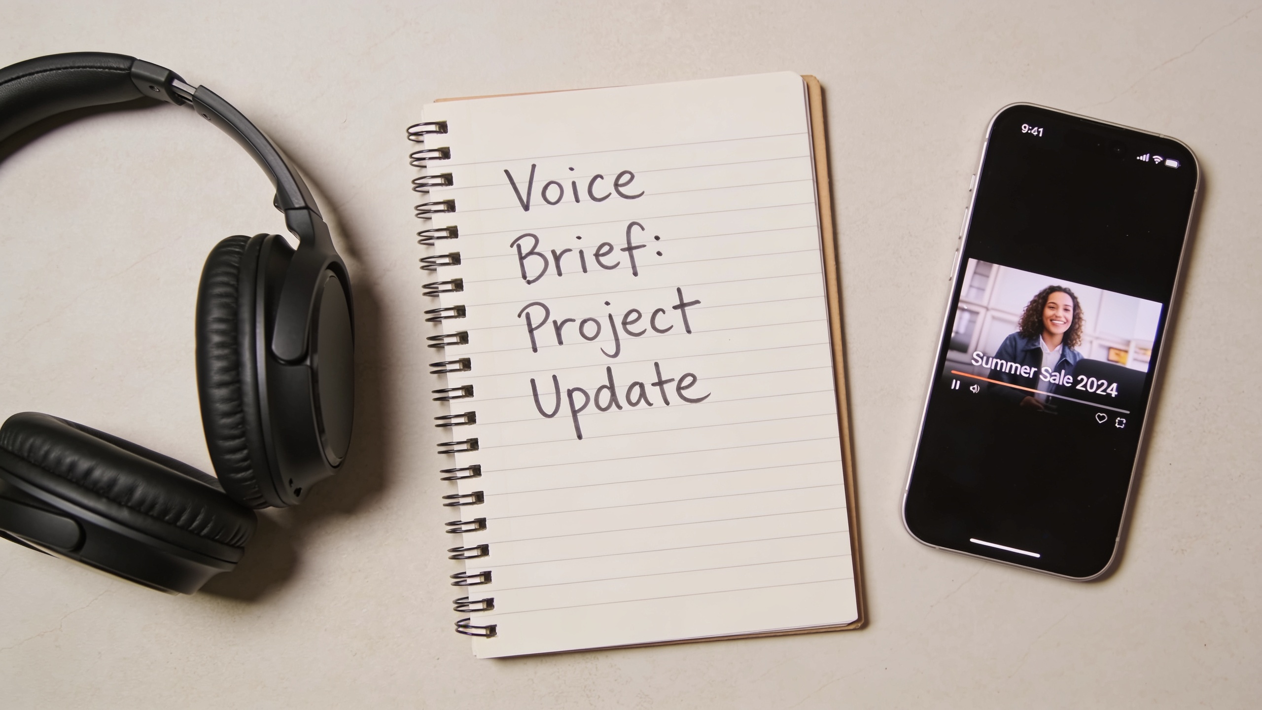 Workspace with headphones and script brief