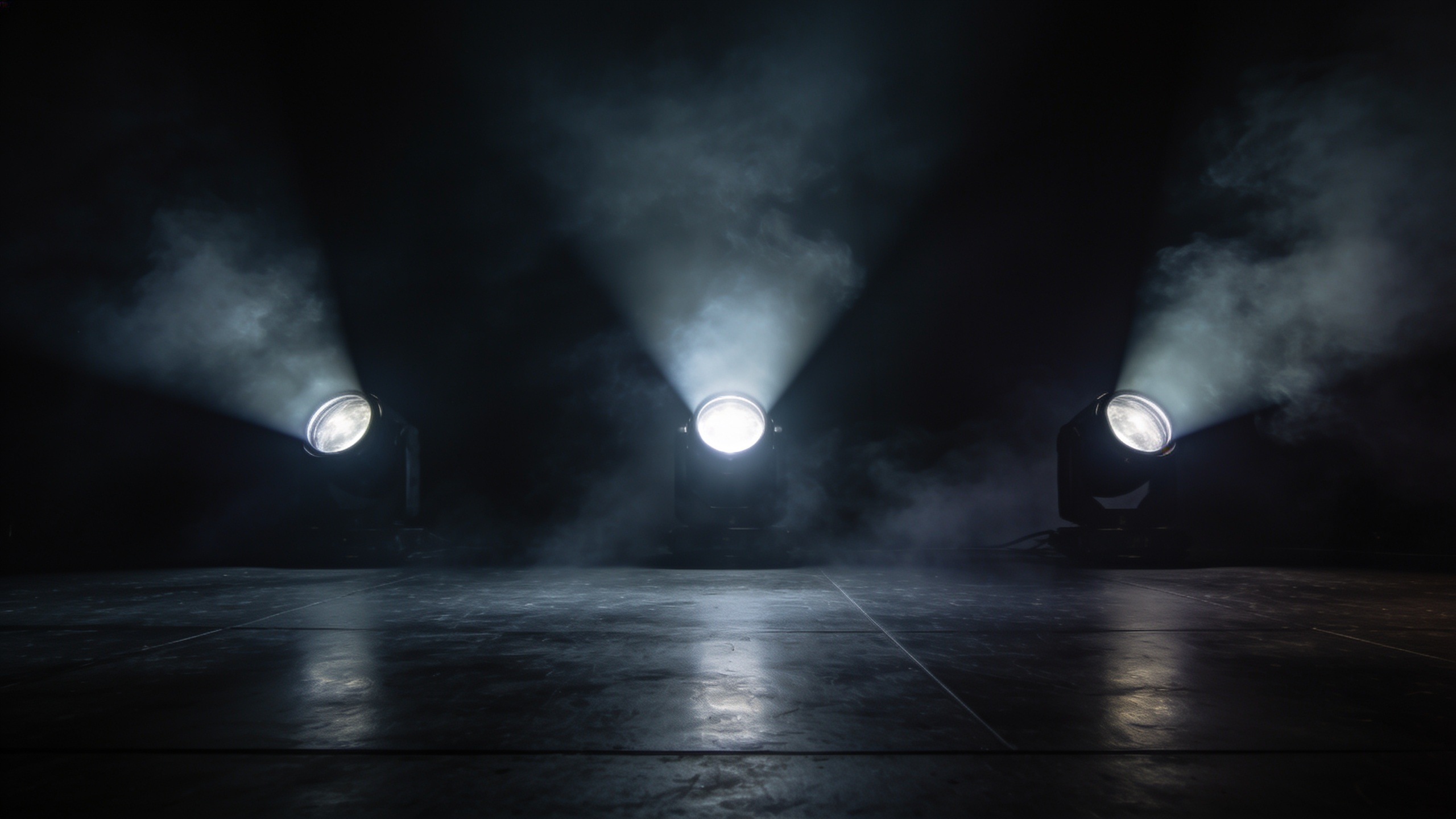 Three spotlights on a dark stage floor