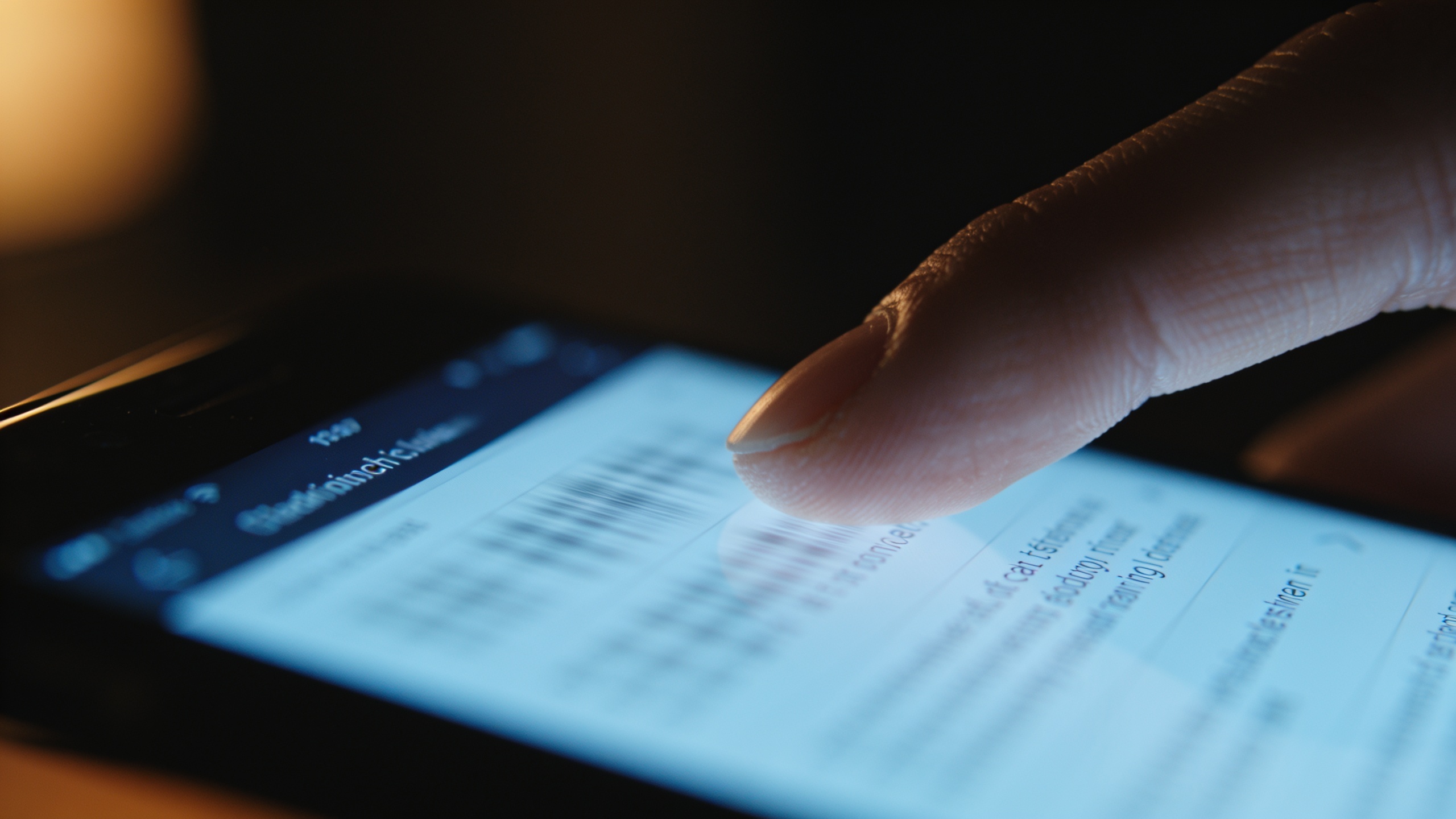 A thumb hovering over a phone screen mid-scroll