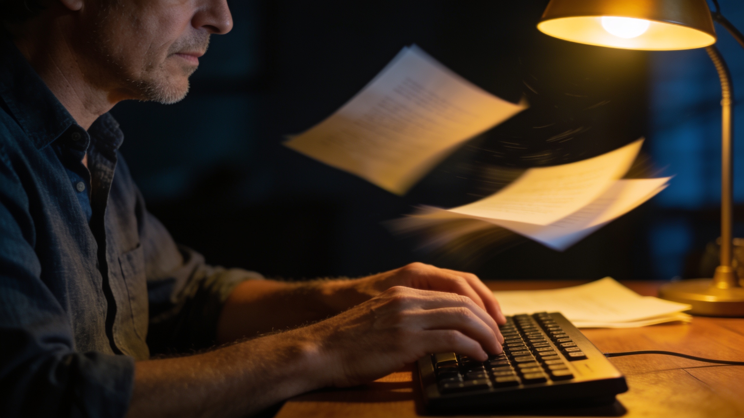 Writer at a keyboard under warm lamplight with pages lifting