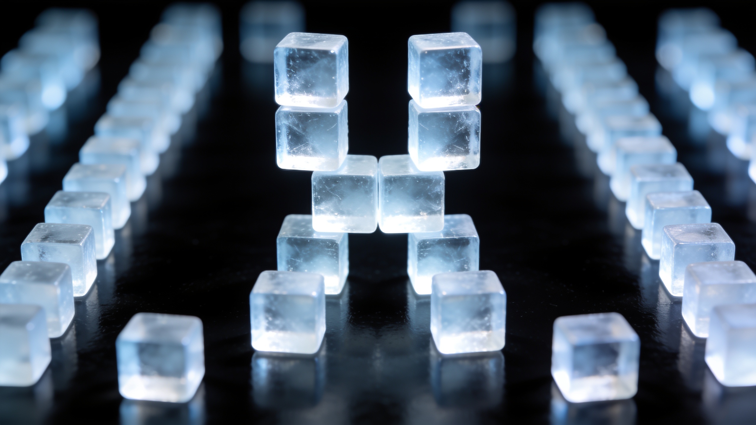 Glowing translucent blocks forming a balanced structure