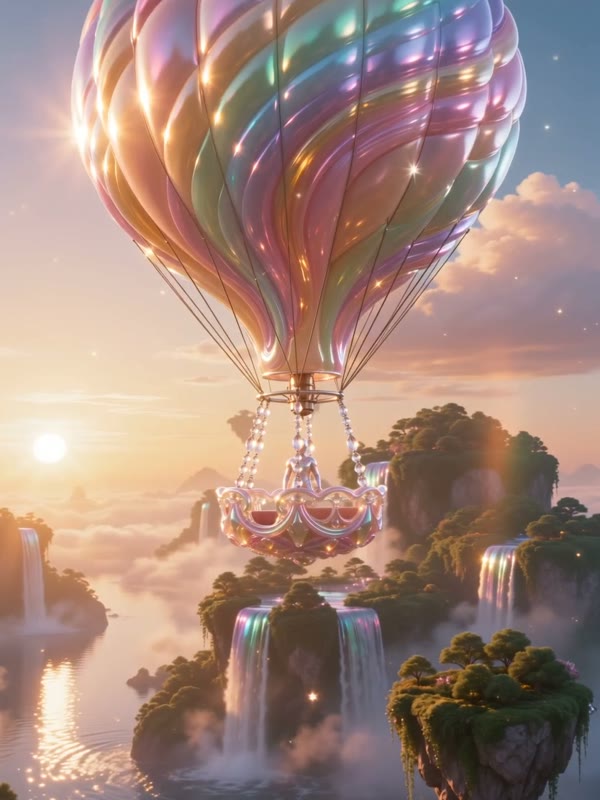 Balloon islands: A pilot waves from a candy-coloured hot air balloon drifting between floating islands with waterfalls at golden hour.
