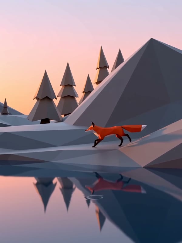 Low-poly fox: A red fox runs across rolling hills at sunrise and down into a valley of geometric pine trees beside a calm lake.