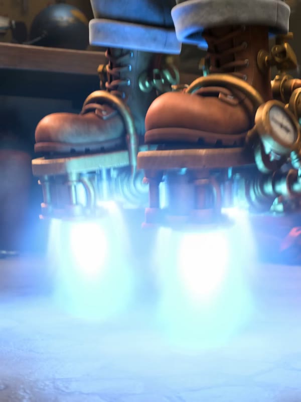 Rocket boots: A bald grandmother inventor with round brass goggles and a tool belt tests rocket boots in her garage and shoots straight up through the roof, cheering.