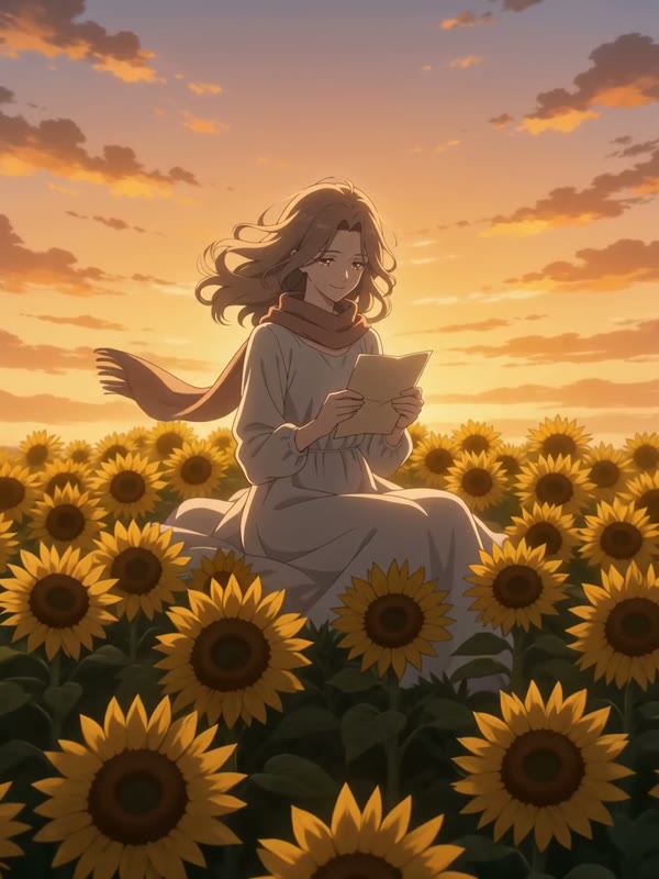 Sunflower letter: A woman in her late twenties reads a letter on a windy hill of sunflowers at sunset, her hair and scarf blowing; she smiles and looks up at the sky.
