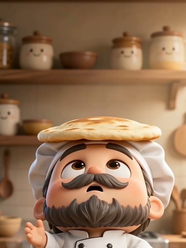 Pancake flip: A bearded adult chef with a grey moustache flips a giant pancake that lands on his head; he laughs in a cozy kitchen full of steam.