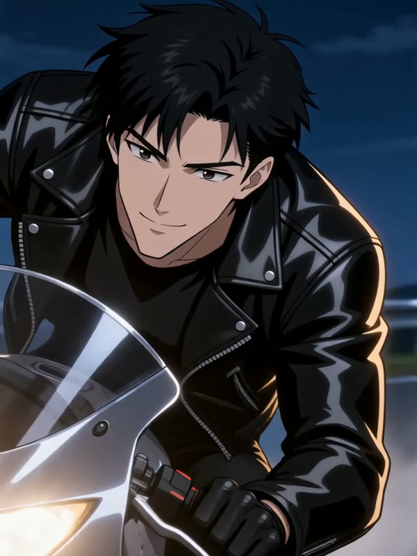 Night race: Two adult rivals in leather jackets race motorbikes along a coastal highway at night, sparks flying, city lights glittering below.