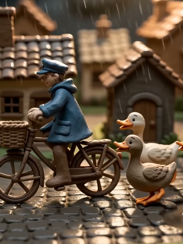 Rainy rounds: A postman in a blue cap cycles through a tiny village in the rain, splashing through puddles while three ducks waddle after him.