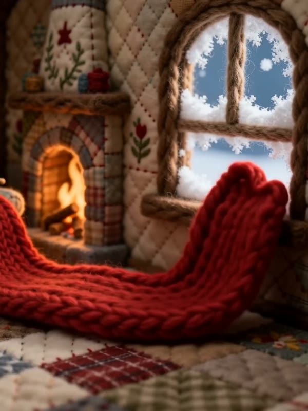 The long scarf: A woman knits an enormous red scarf by the fire until it spills out of the window and wraps around her snowy cottage.