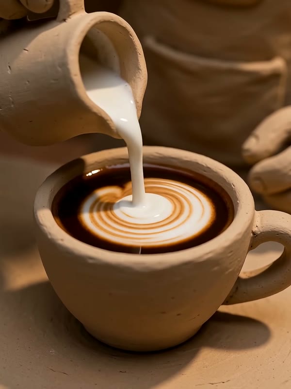 Latte cat: A barista with rolled-up sleeves pours latte art that turns into a little dancing cat on top of the coffee.