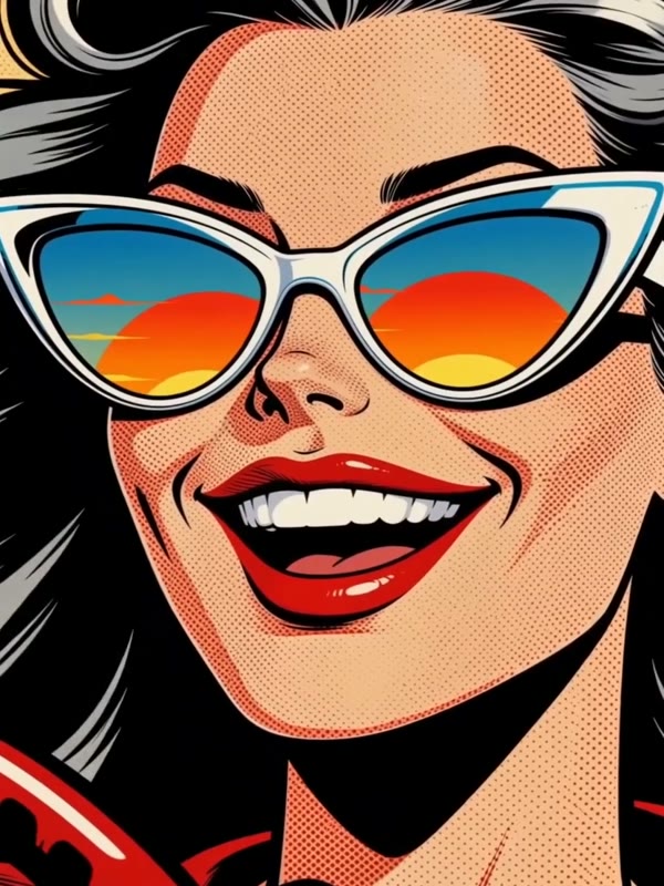 Coast drive: A woman in big sunglasses drives a red convertible along the coast, wind in her hair, gulls overhead, sunset behind her.