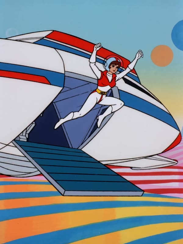 Candy planet: A space ranger and her boxy robot sidekick land their rocket on a striped candy planet and jump out to explore.