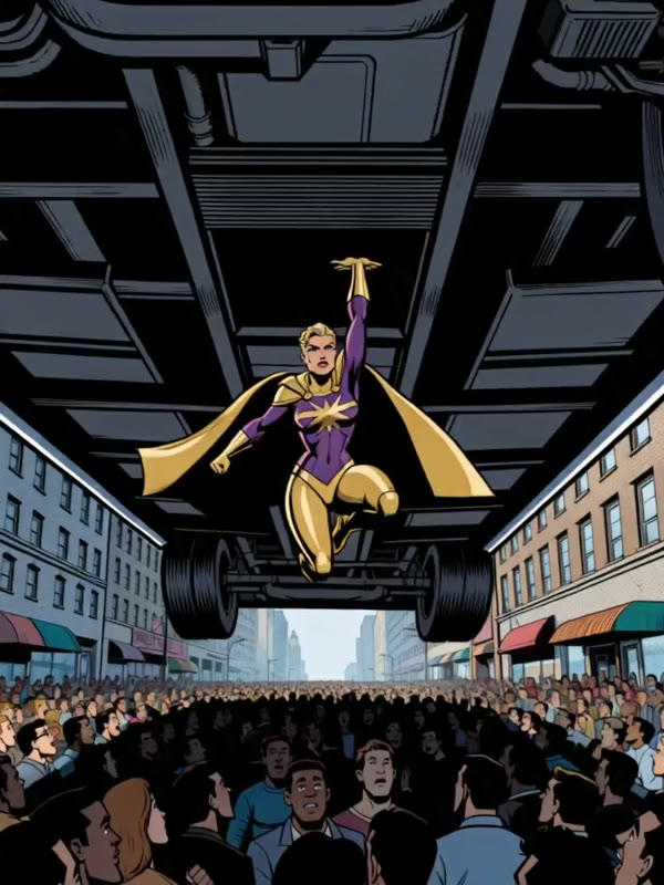 Bus save: A caped adult heroine in a purple and gold suit catches a falling city bus with one hand above a busy street as people cheer below.
