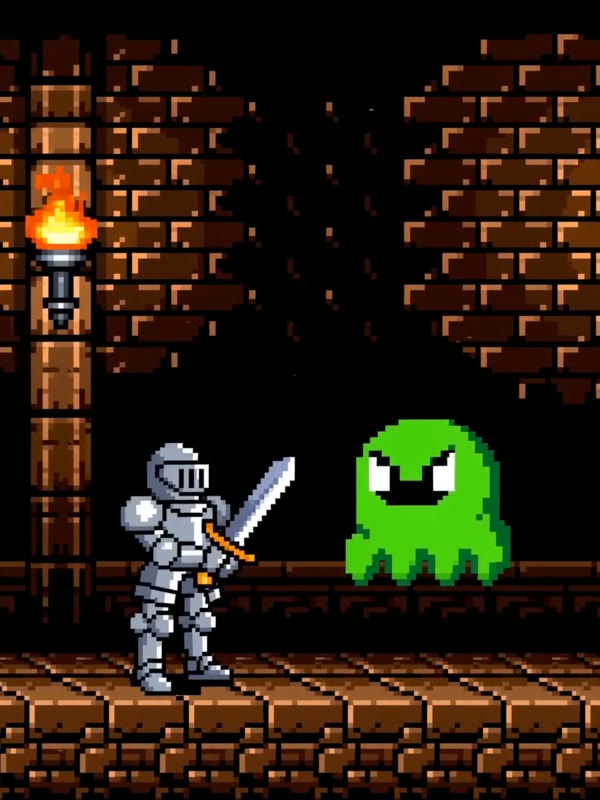 Slime fight: A knight in silver armour battles a bouncing green slime in a torch-lit dungeon; it bursts into a shower of gold coins.