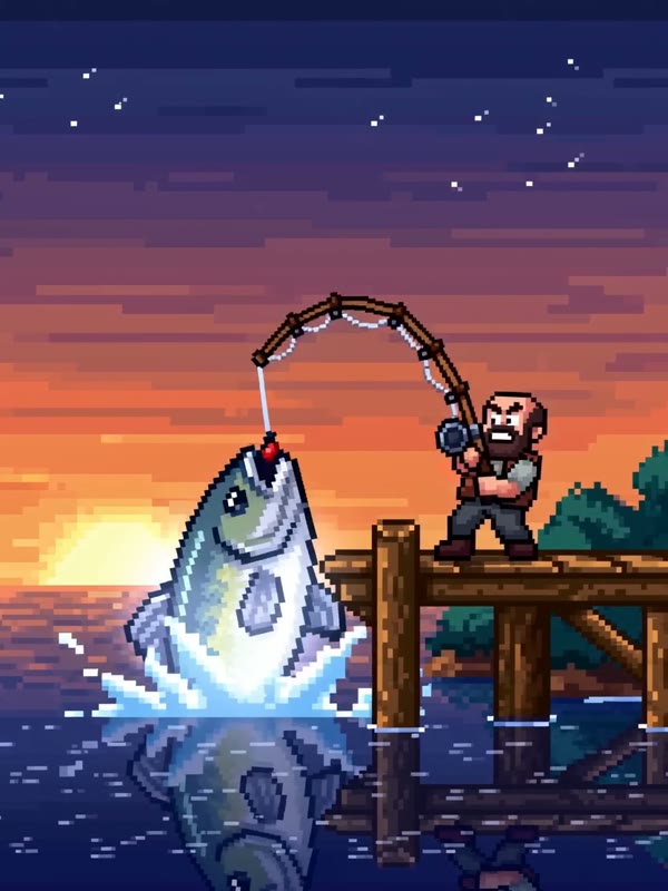 Glowing catch: A bearded fisherman on a wooden pier catches a giant glowing fish at sunset while fireflies rise from the reeds.