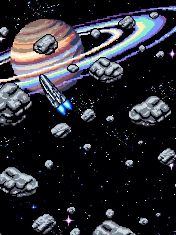 Asteroid run: A small spaceship weaves through an asteroid field, firing lasers, as a ringed planet glows in the background.
