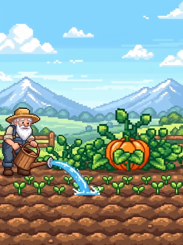 Pumpkin farm: An old farmer with a long white beard and a straw hat waters his crops and they instantly grow into giant pumpkins with a happy bounce.