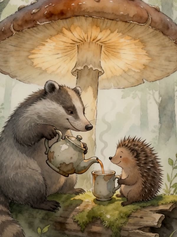 Mushroom tea: A badger and a hedgehog share a pot of tea under a giant mushroom while rain patters on the leaves.