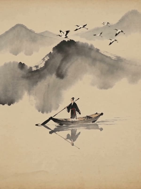 Misty river: A lone boatman poles a small boat through misty mountain valleys as white cranes fly overhead.