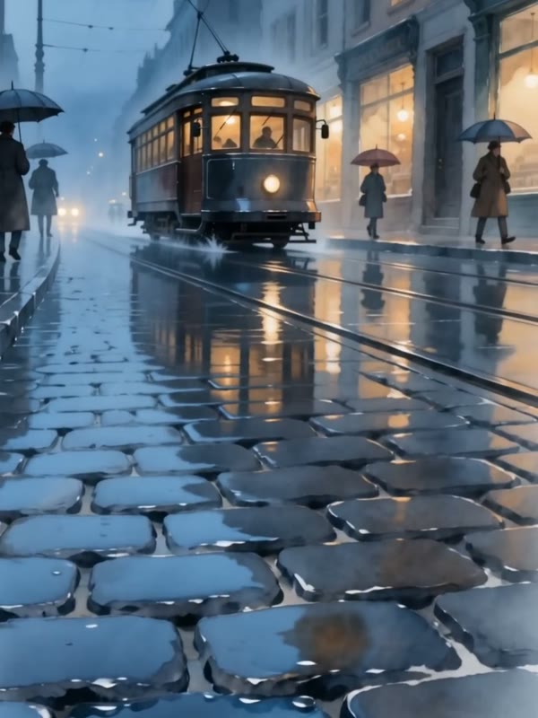Rainy tram: An old tram rolls through a rainy cobblestone street at dusk, people with umbrellas, warm shop windows glowing.