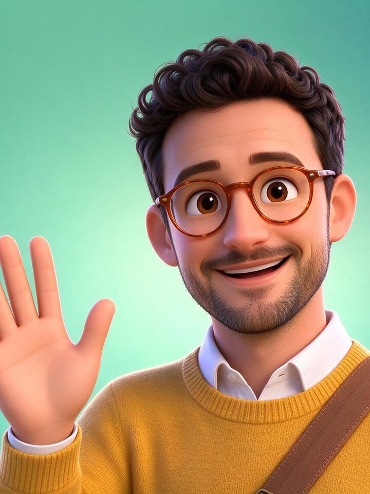 The same man redrawn as a 3D animated character, ready to animate